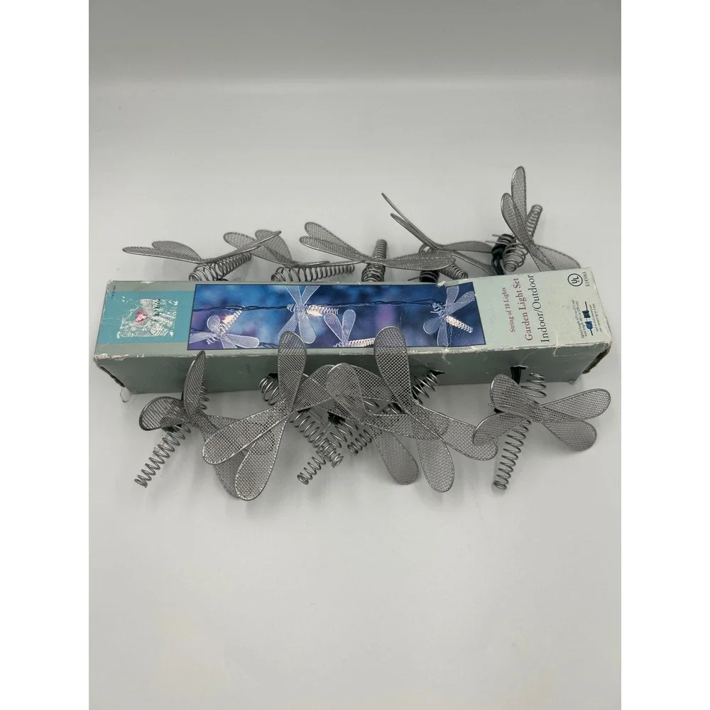 Vintage Dragonfly Garden Light Set 10 String Lights Silver Mesh Metal Indoor Out